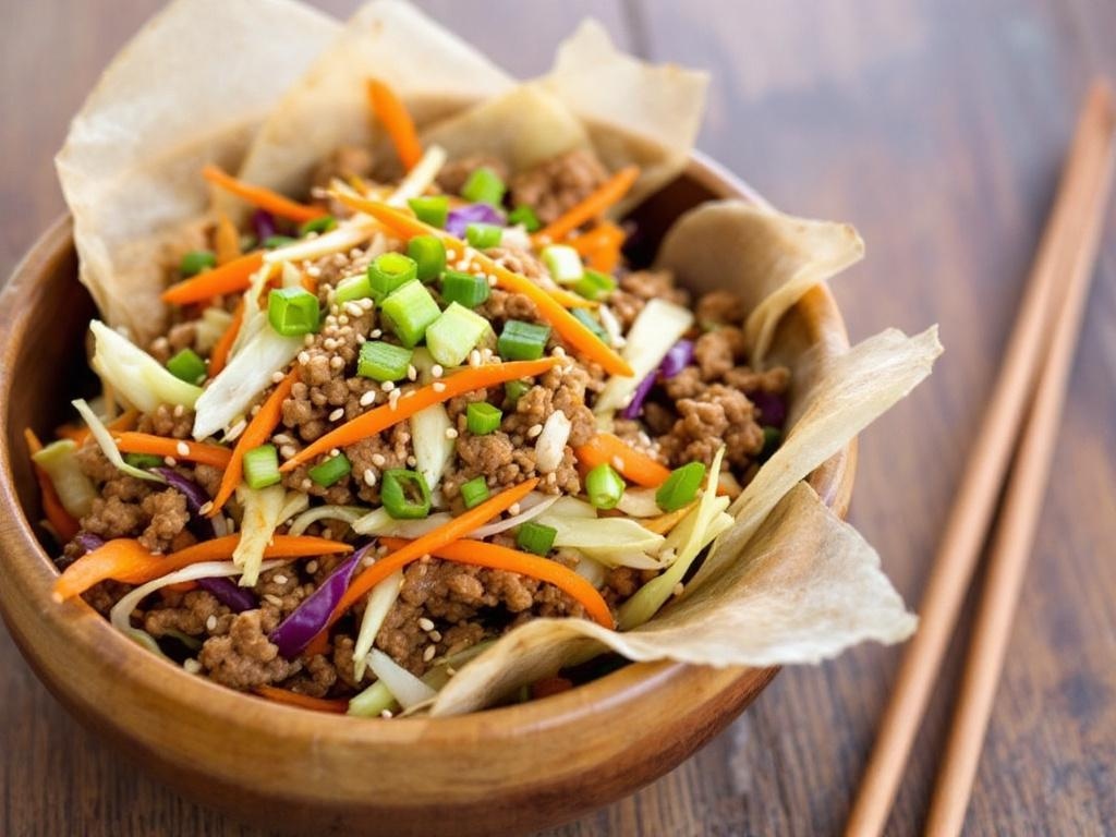 Blackstone Griddle Egg Roll In A Bowl Recipe A bowl of Egg Roll In A Bowl with ground pork, cabbage, and carrots, garnished with green onions and sesame seeds.
